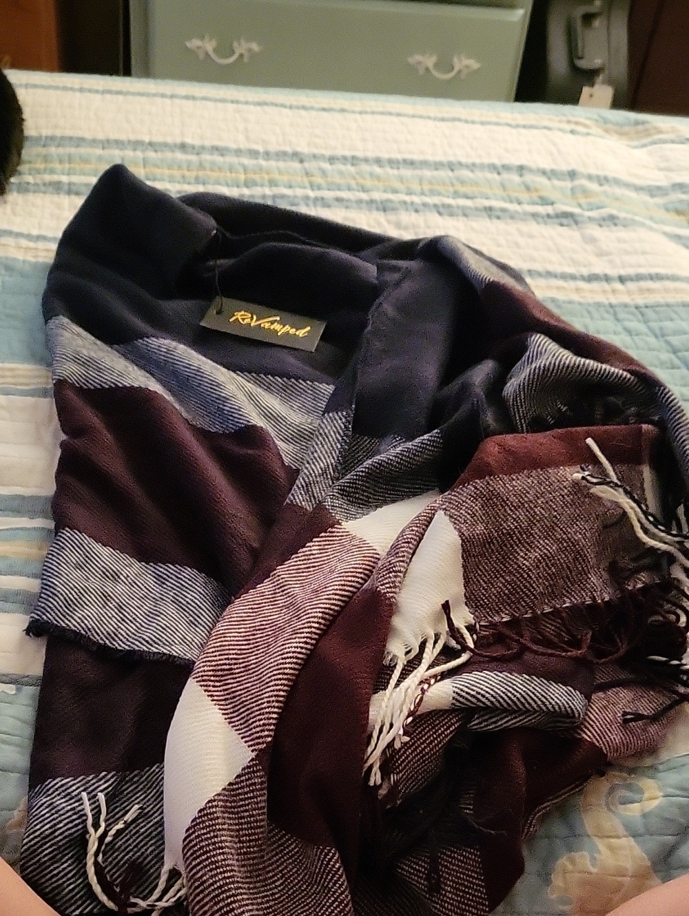 NWT- ReVamped-  navy, burgundy & cream plaid scarf/ Shawl